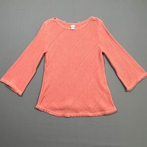 Chico's Coastal Sweater Pointelle Knit Fringe Bell Sleeve Coral Women's 2 US L
